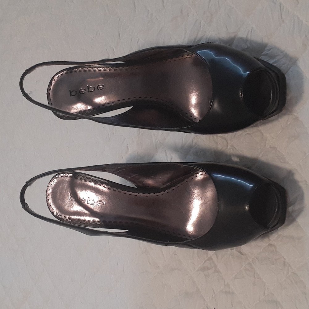 Bebe, black leather sling back size 9